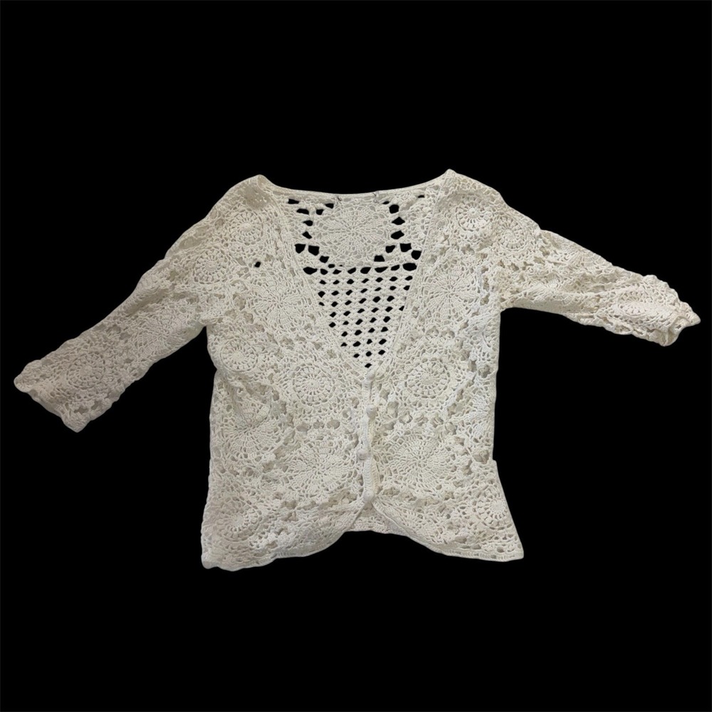 Boho Crochet Cardigan Ivory Cotton Lace Open Knit Cottagecore Size S